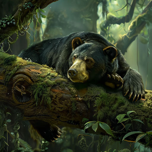 Sun bear resting on mossy log in forest shade