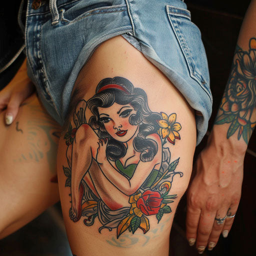 Vintage pin-up girl thigh tattoo in the style of Sailor Jerry