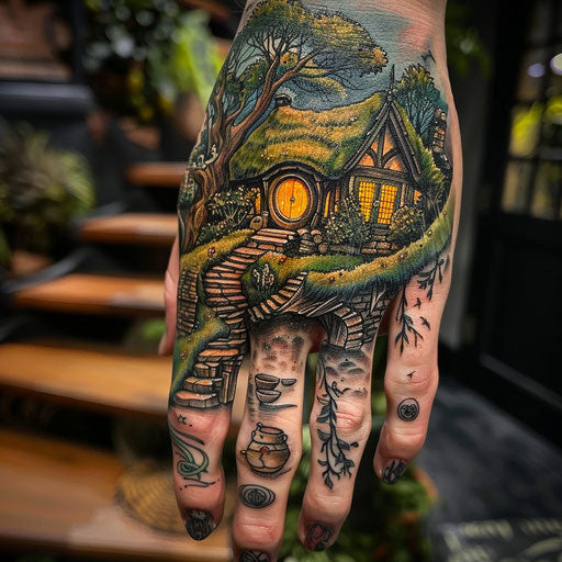 Hand tattoo with hobbit house, Peter Jackson style