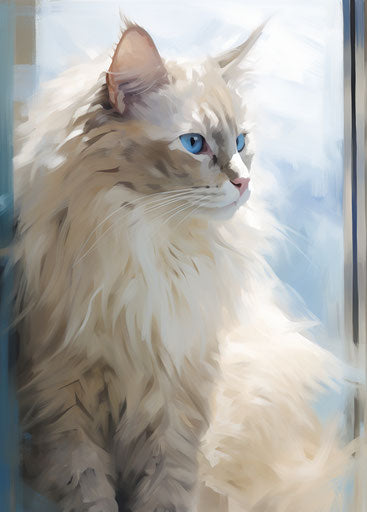 White and blue cat with blue eyes looking outside