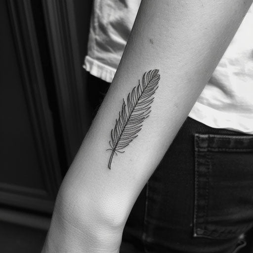 Small feather tattoo, in the style of Ami James