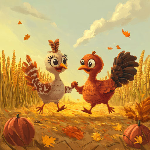 A cute cartoon turkey and pumpkin holding hands