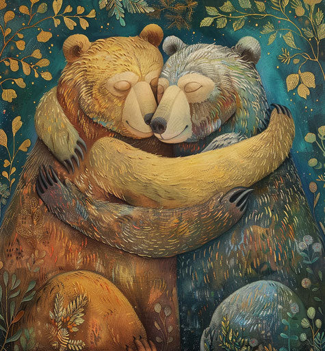 Three bears hugging in front of some words that read, have you been hugged today?