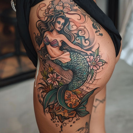 Mermaid thigh tattoo in the style of Ed Hardy