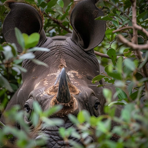 Curious West African black rhinoceros in dense bush