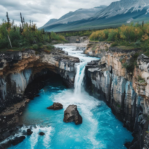 Waterfall with crystal clear blue waters and rugged landscape