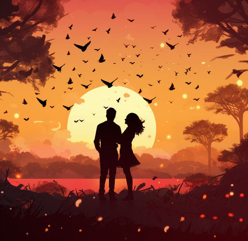 Loving couple together at sunset with silhouette of birds and hearts