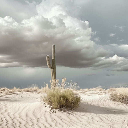 Lonely cactus on sandy dune, storm clouds gathering