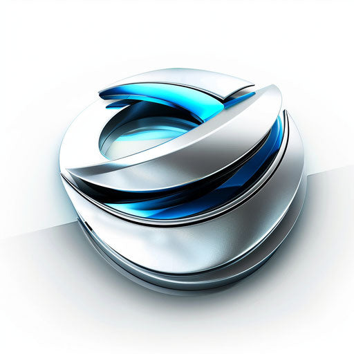 3D logo with sleek metallic elements and a modern icon, in blue and silver, on white background