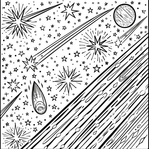 Starry sky with shooting stars and comets. Coloring book page