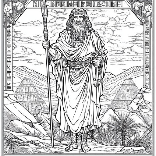 Moses with detailed ancient Egypt background, Detmold style, coloring page