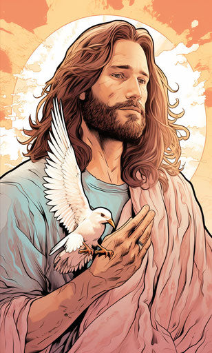 realistic portrait of jesus holding a dove with the word ixxxx x