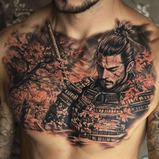 Chest piece tattoo of a samurai warrior with a katana