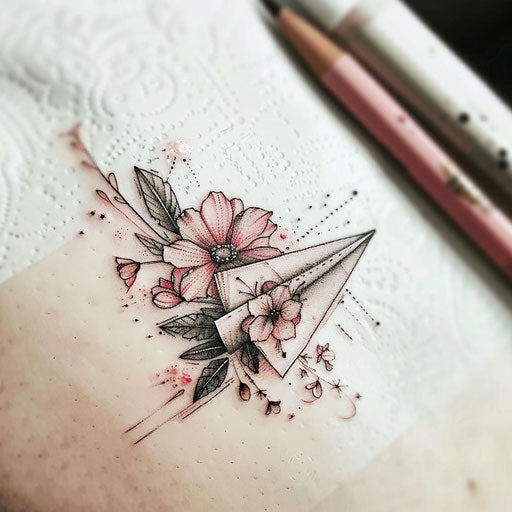 Charming tattoo sketch of a paper airplane with floral motifs in soft watercolors