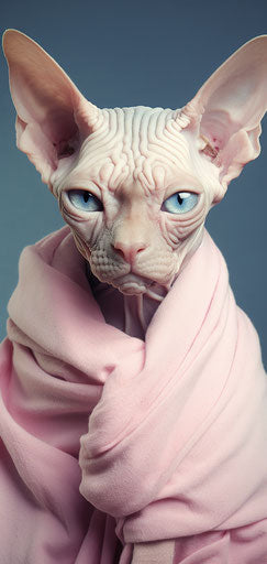 The sphynx assassin with blue eyes in ripped style, dry wit light pink and light beige