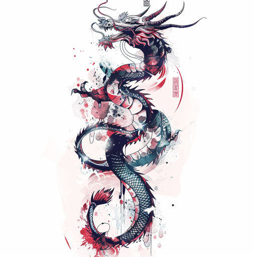 Dynamic composition of a unalome tattoo merging with a dragon