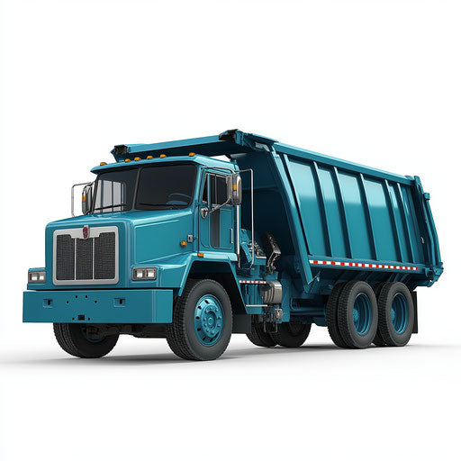 3D garbage truck in photo realistic style with flat white background