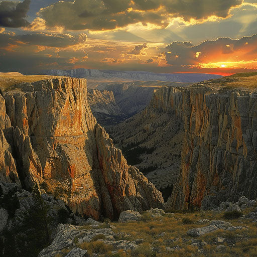 Big Horn Mountains: cliffs and valleys glowing in sunset light
