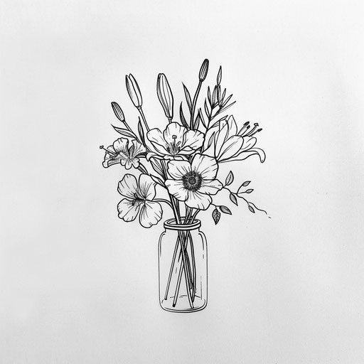 Minimalist flat tattoo sketch of a birth flower bouquet with poppies and lilies in a simple vase