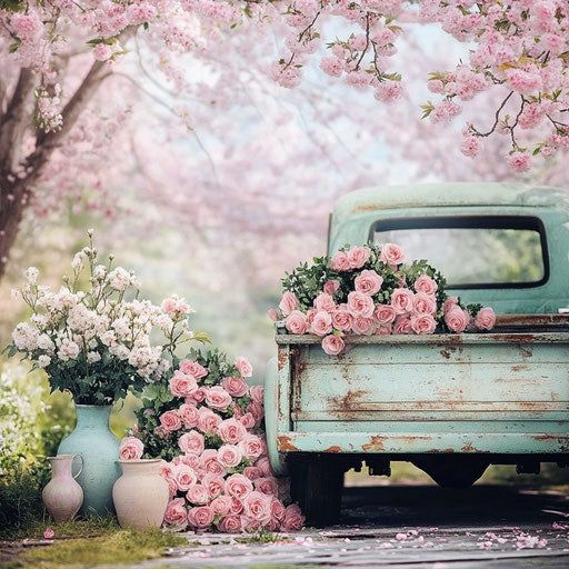Vintage truck with pink roses in the trunk, spring flowers