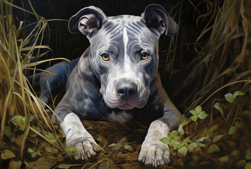 Gray and white pit bull terrier in grass