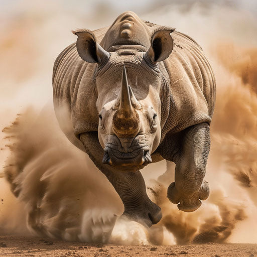 West African black rhinoceros charging playfully in a dust cloud