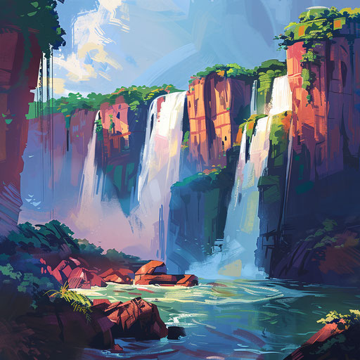 Iguazu Falls with stylized rock formations and striking colors in the style of Ed Mell