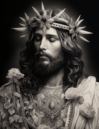 Jesus with crown and heart, intricate pencil style, precise