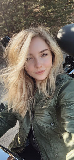 Blonde woman on motorcycle with green jacket, Snapchat 2018