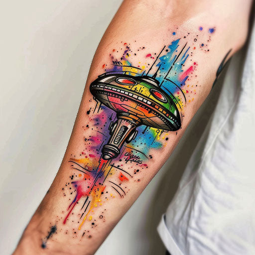 Graffiti-style UFO tattoo, colorful alien ship artwork