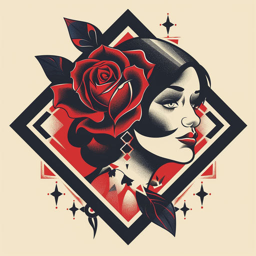 Stylized tattoo sketch of gypsy rose with bold abstract geometric accents