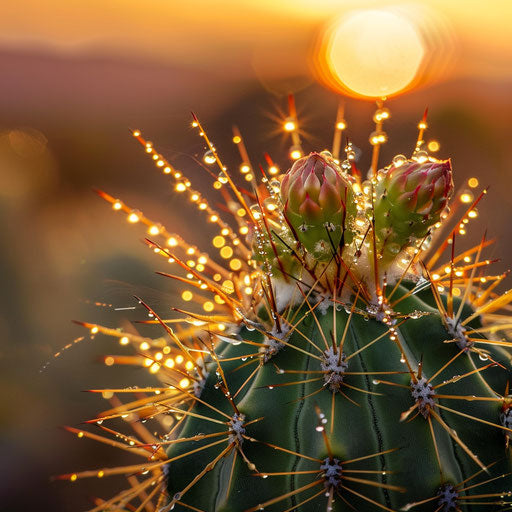 Cactus with dewdrops at sunrise in the desert
