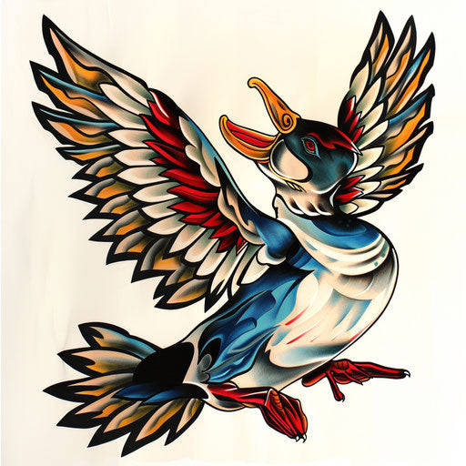 Flying duck with bold outlines and bright colors