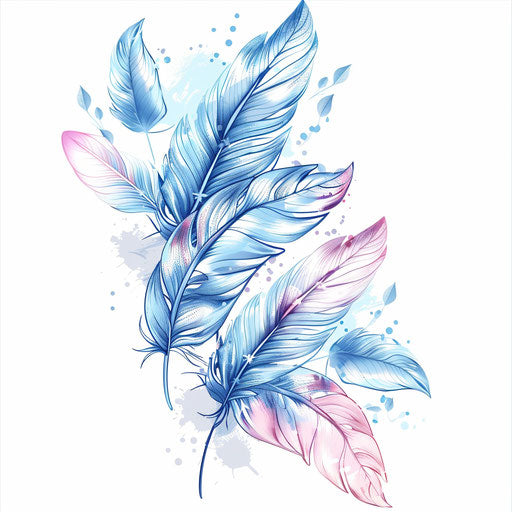 Dreamy clipart style flat tattoo sketch for a girly tattoo with floating feathers and subtle blue hues
