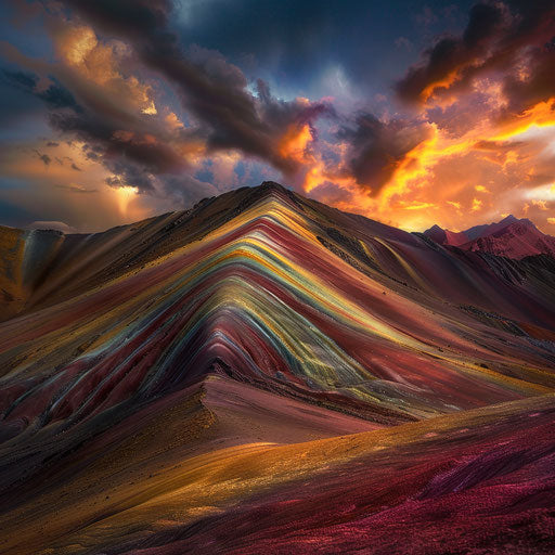 Rainbow Mountain, Peru with dramatic clouds and vivid hues