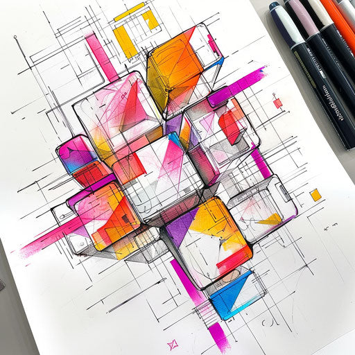 Futuristic geometric tattoo design with 3D cubes and neon colors