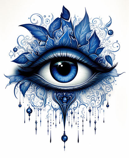 Black eye with dark blue leaves on white background, intricate black and white illustrations
