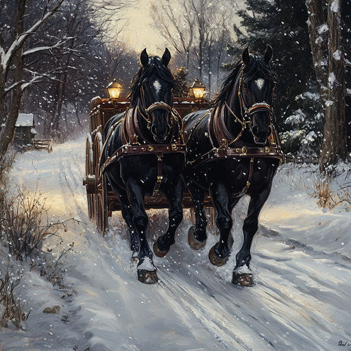 Two black horses in gleaming harnesses pulling a wagon along a snowy lane