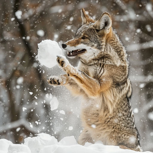 A coyote plays in the snow