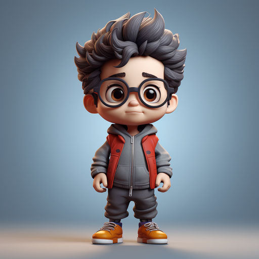 Boy in glasses on grey background, film style, cartoon characters