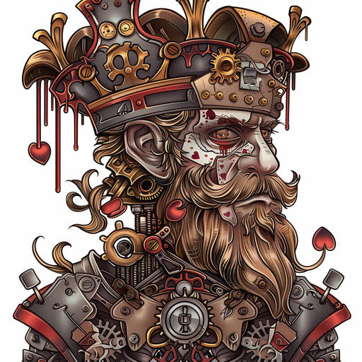 Flat steampunk clipart tattoo sketch of a king of hearts with gears and bronze elements
