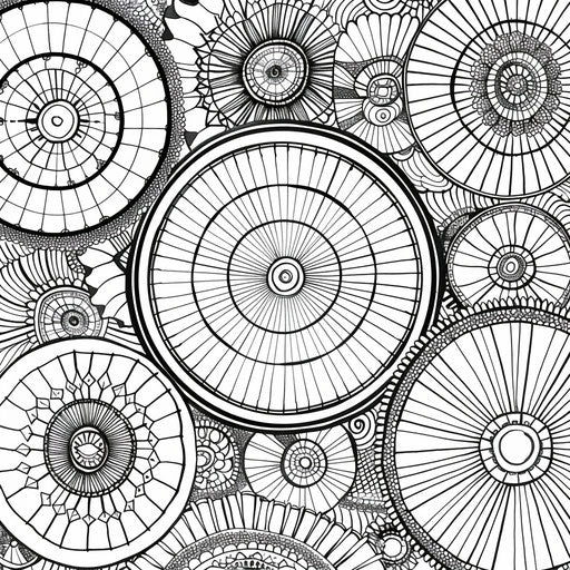 Detailed illustration of circles within circles with unique designs. Coloring book page