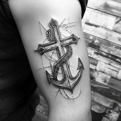 Christian tattoos for men with intertwined cross and anchor on bicep