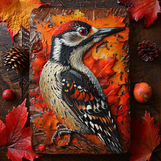 Autumn scene of a woodpecker bird amidst fiery red and orange leaves