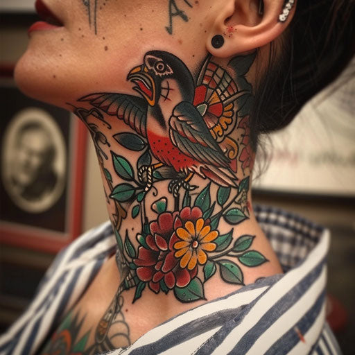 Throat tattoos with classic Americana, Ed Hardy style