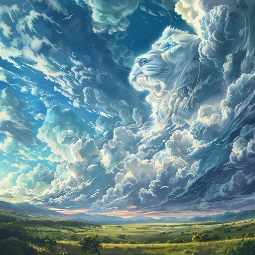 Lion shapes in the sky above a peaceful meadow