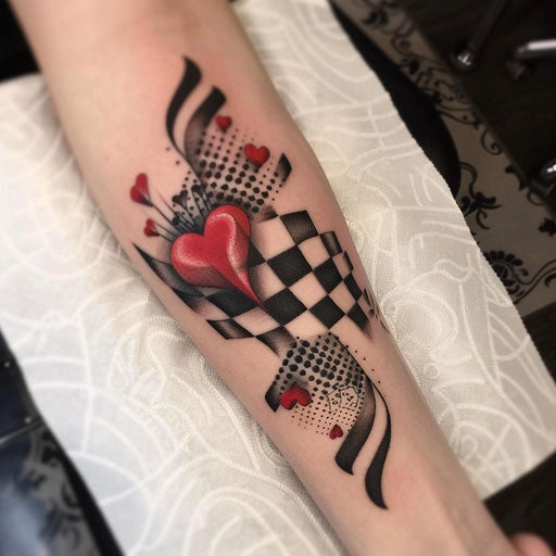 Optical illusion Queen of Hearts tattoo with 3D effect