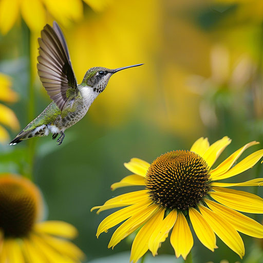 Hummingbird near yellow coneflower, dynamic wildlife-flora