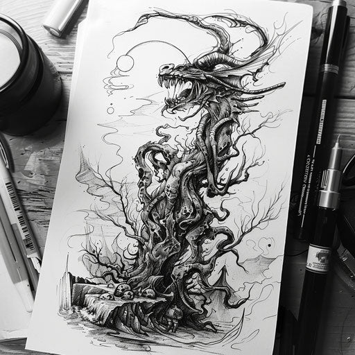 Artistic flat tattoo sketch of mythical creatures in a hellish landscape