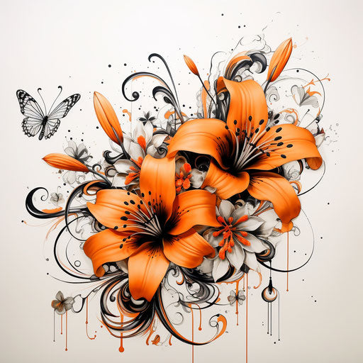 Orange flowers on black and white, graffiti tattoo style